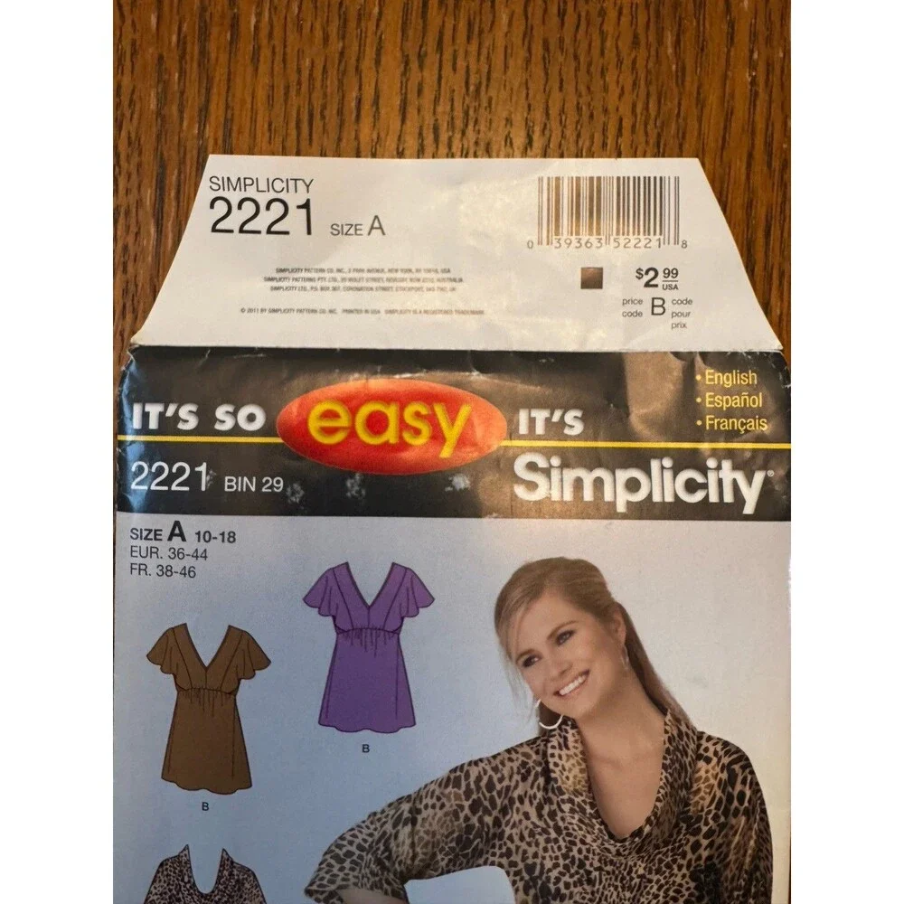 Simplicity Sewing Pattern 2221 Misses Empire Pullover Tops Sizes 10-18 Easy